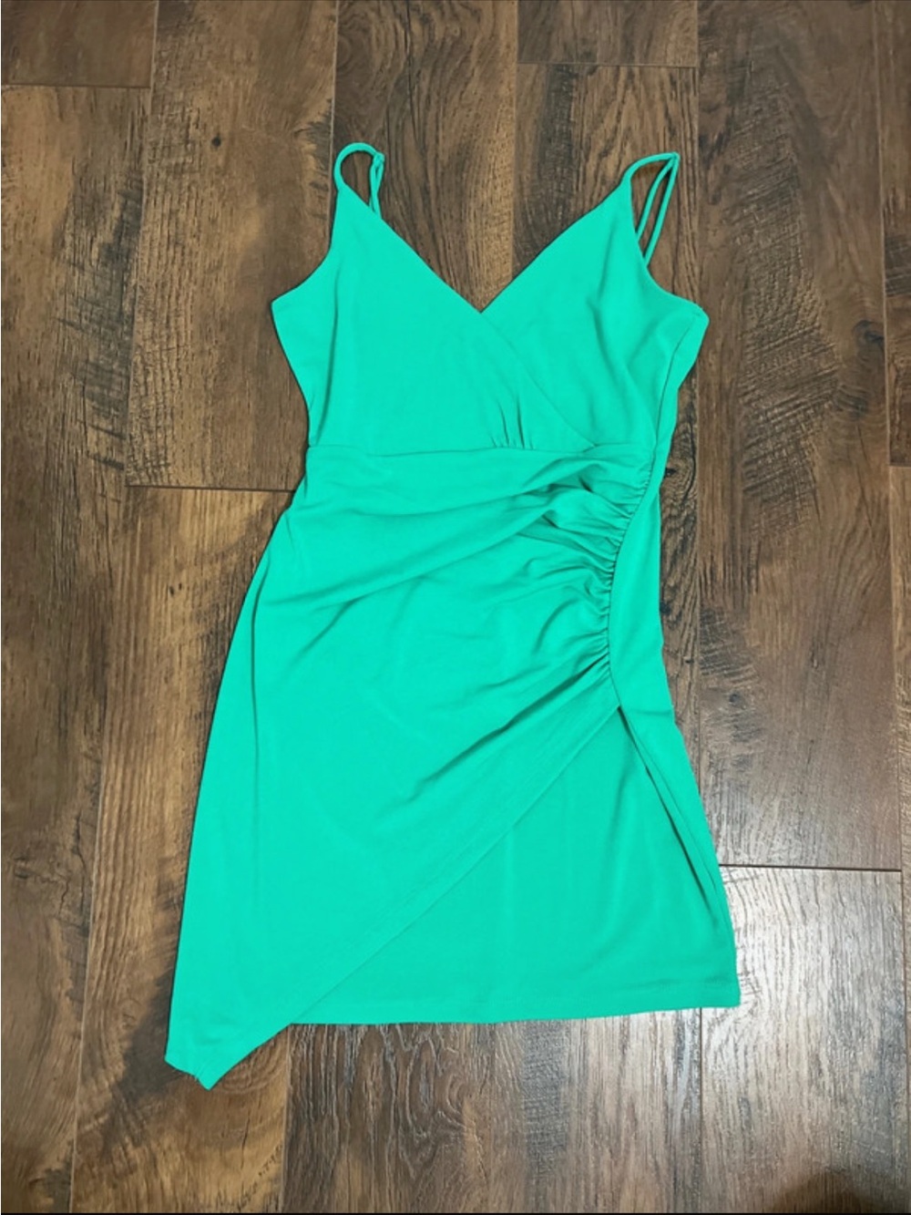 NWOT Green Ruched Wrap-Front Spaghetti Strap Mini Dress